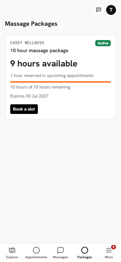 Client package balance showing ten hours available