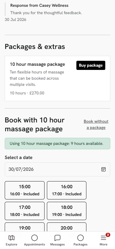 Client choosing an available massage slot included in a package