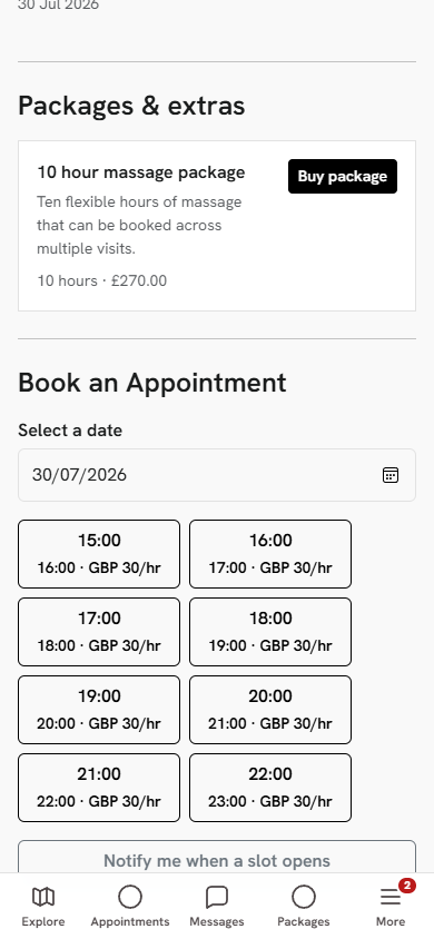 Client choosing a ten-hour massage package from a therapist profile