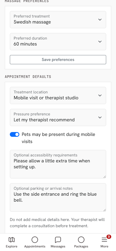Bodyworks Bureau client venue and massage preferences
