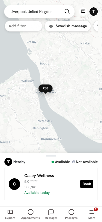 Bodyworks Bureau map showing nearby therapists and prices