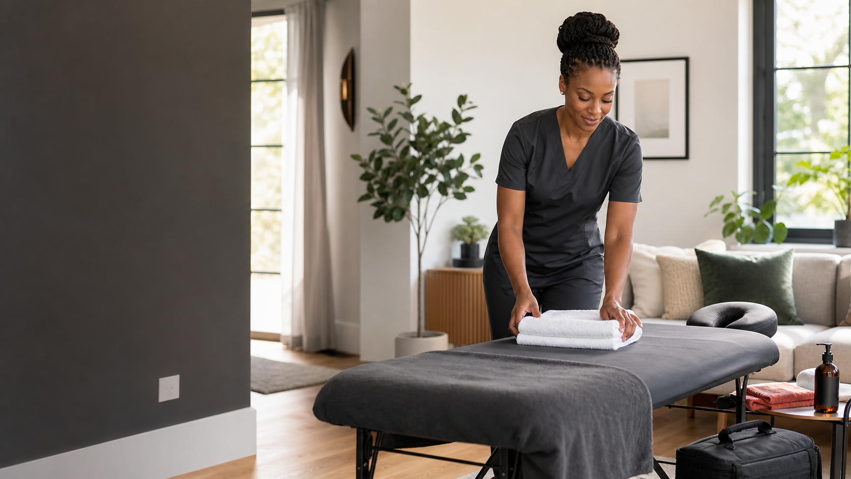 A professional massage therapist preparing a portable treatment table