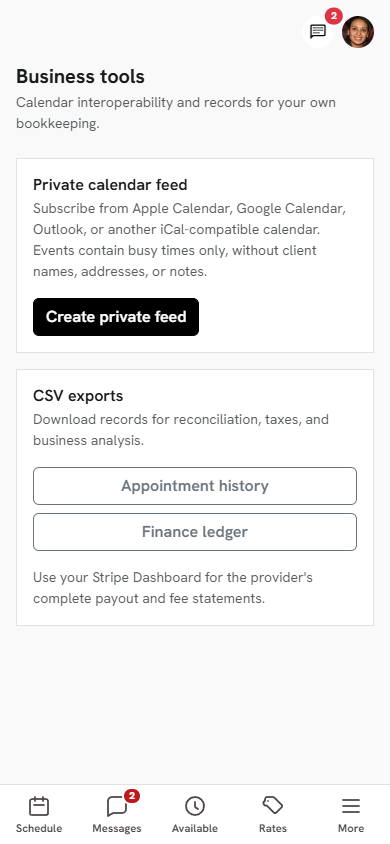 Therapist business tools for a private calendar feed and CSV exports