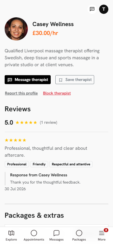 A verified therapist profile with services and available times